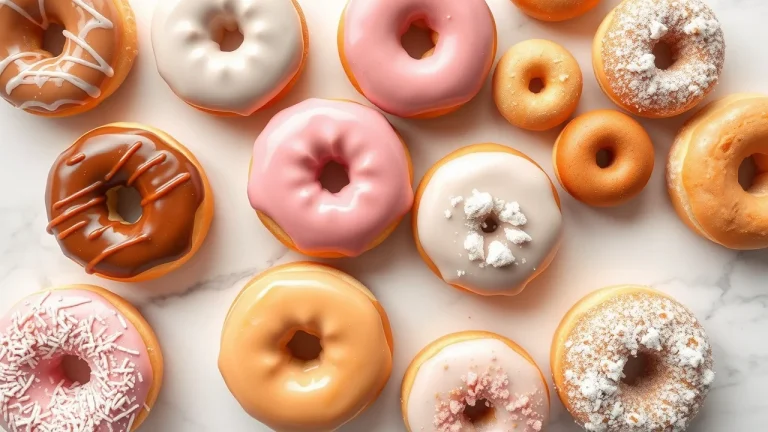 Ποικιλία από γλασαρισμένα ντόνατς και mini donuts σε λευκό μάρμαρο