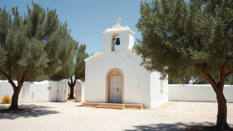 Λευκό πέτρινο εκκλησάκι με καμπαναριό ανάμεσα σε ελαιόδεντρα