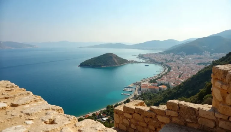 Navarino Bay seen from the stone walls of a fortress above Pylos, Greece