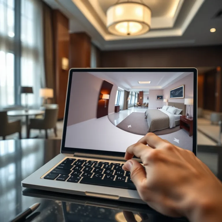 Laptop displaying a 3D virtual tour of a hotel room navigated with the keyboard