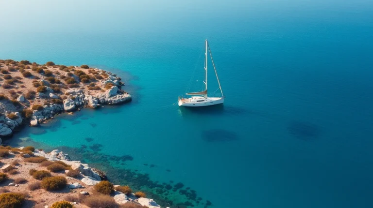 Sailing yacht at anchor in a turquoise bay of a Greek island