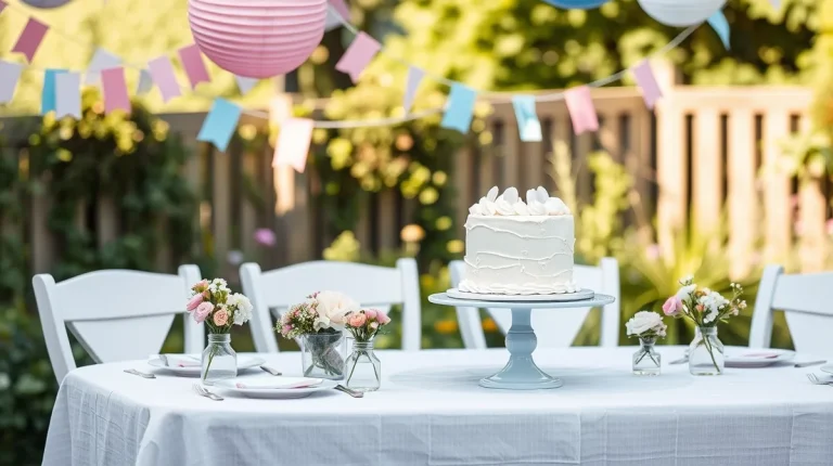 Στολισμένο τραπέζι σε κήπο για gender reveal με λευκή τούρτα και γιρλάντες σε ροζ και γαλάζιο