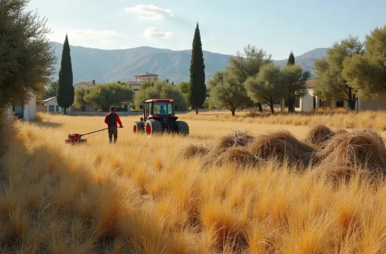 Καθαρισμός οικοπέδου με ξερά χόρτα και σωρούς από κομμένη βλάστηση